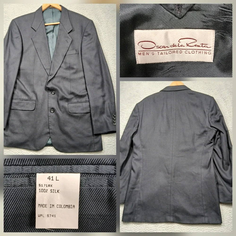 Oscar de la Renta Blazer Men's 41L Gray 100%‎ Silk Two Button